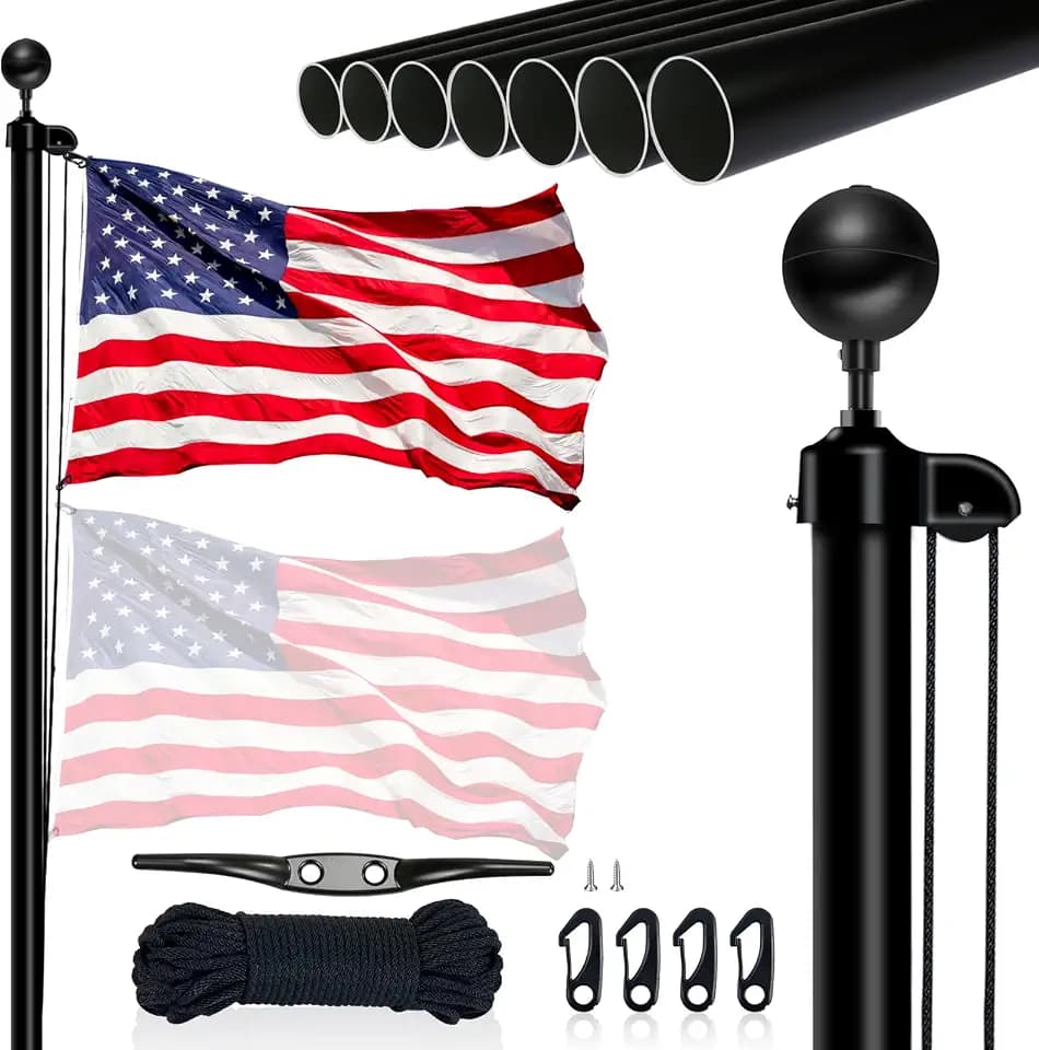 NQ 20FT Flag Pole in Ground for Outside House, 14-Guage Aluminum Flag Pole Kit, Heavy Duty Sectional Flagpole for Outdoor with 3x5FT Flag (Black)