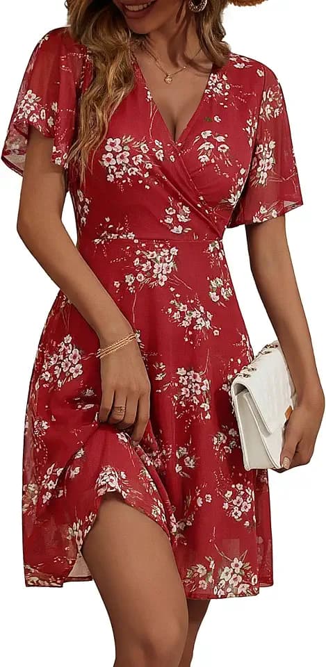 GUBERRY Womens Floral Wrap V Neck Cocktail Mesh Modest Wedding Guest Dress