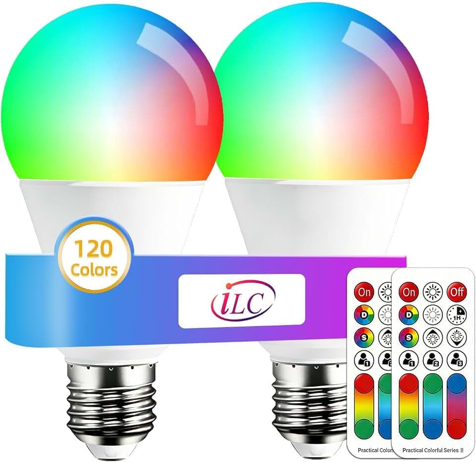 iLC Farbwechselnde LED-Glühbirne, 120 Farben, 70-Watt-Äquivalent, DIY-Blitz, warmweißes 2700K-RGB mit Fernbedienung, LED 10W A60 E27-Schraube (2er-Pack)