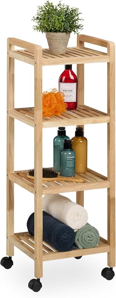 Relaxdays Badregal, Holz, HxBxT: 97 x 35 x 31 cm, Holzregal mit Rollen, 4 Ablagen, Regal für Badezimmer & Küche, Natur