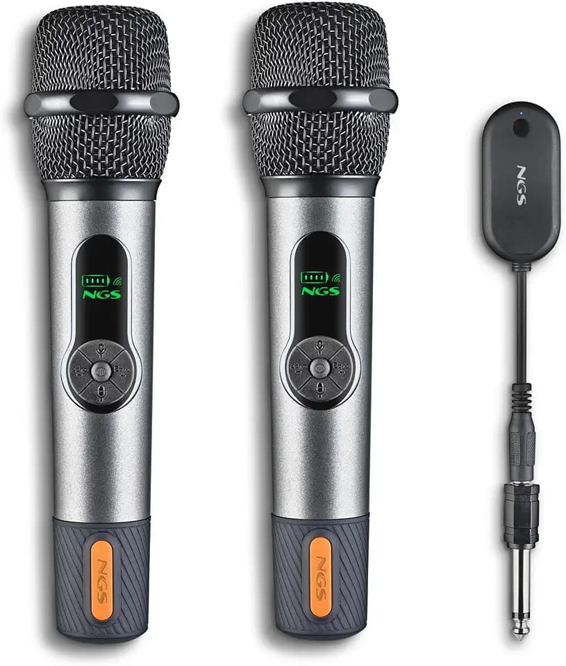 NGS Singer Star Duo – Pack 2 dynamische kabellose Mikrofone 2,4 GHz, 30 h Autonomie, Lautstärke- und Echokontrolle, Batterieanzeige, Buchse 3,5 mm und 6,3 mm, Karaoke und Events