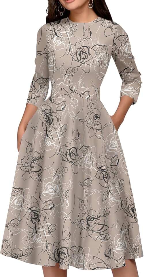Simple Flavor Womens Floral Vintage Midi Dress 3/4 Sleeve