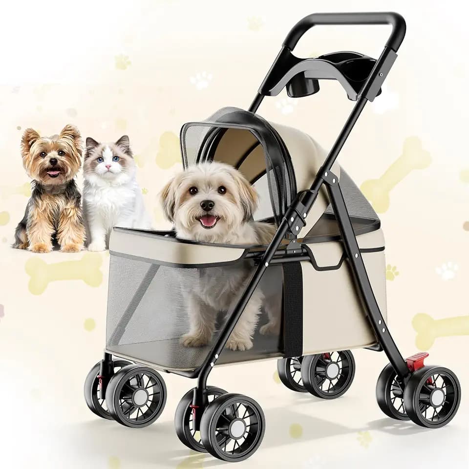 GTPLAYER Foldable Pet Stroller for Small Dogs and Cats,Beige
