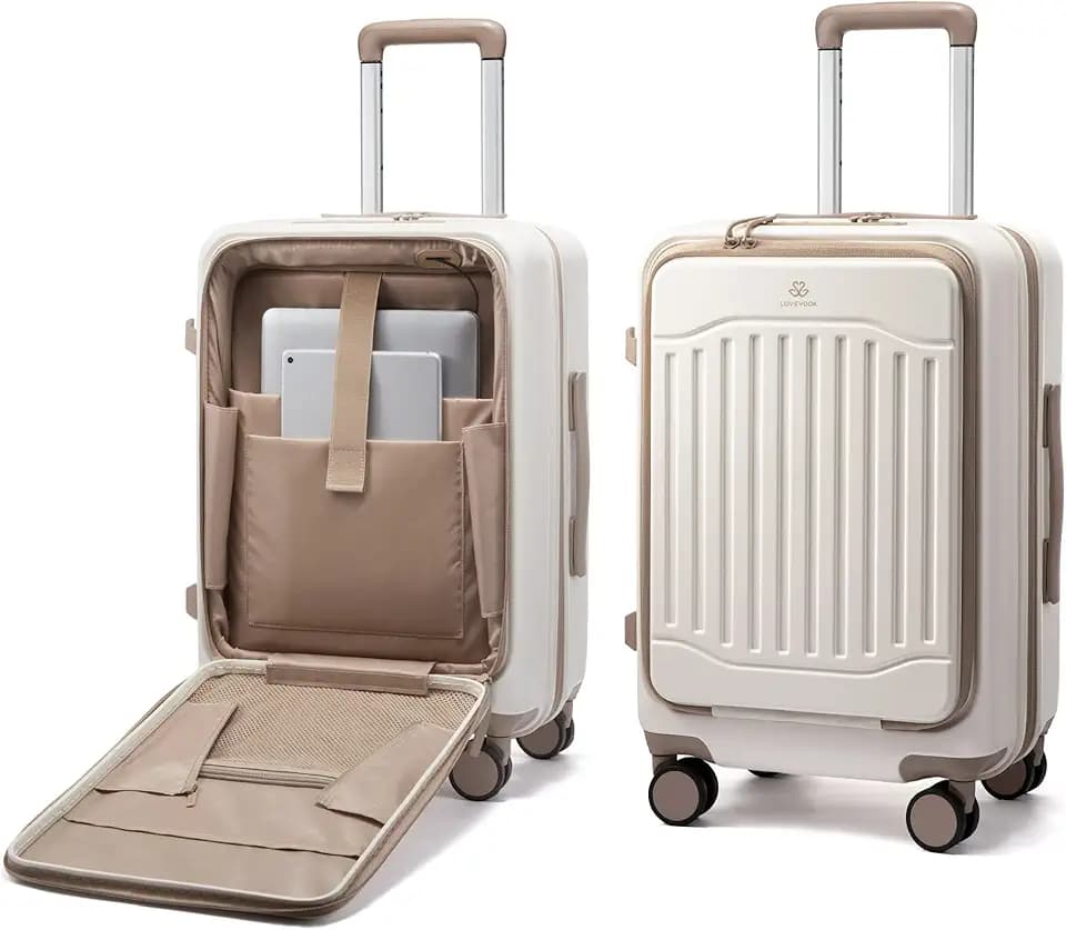 LOVEVOOK Carry On Luggage 22x14x9 Airline Approved, Expandable Hard Shell Suitcase with Spinner Wheels, USB Charging Port & Front Pocket, PC Hardside Rolling Luggage with TSA Lock for Travel,Beige