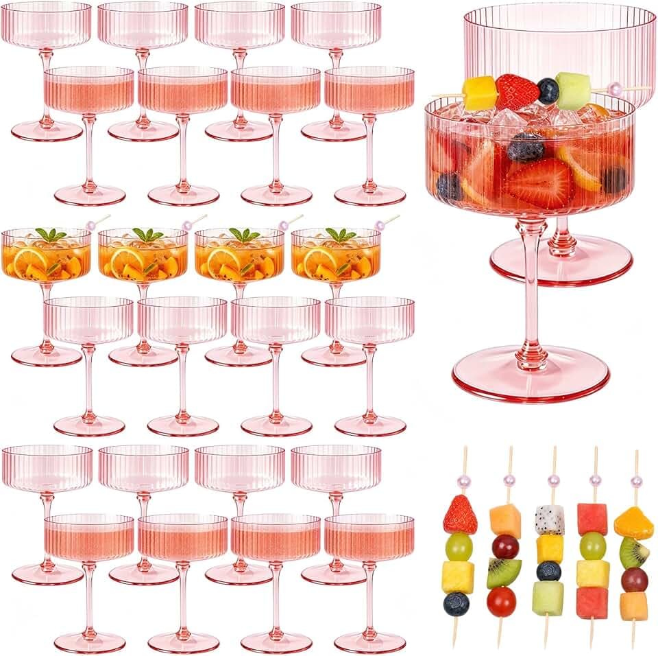 24 Pcs Pink Champagne Martini Glasses Set 10 Oz Plastic Ribbed Coupe Cups
