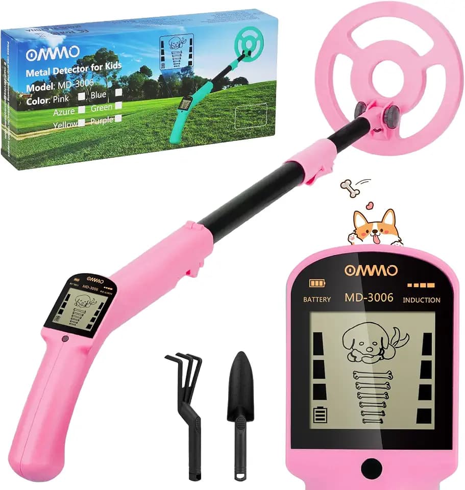 OMMO Kids Metal Detector, Adjustable 27.5"-37.8" with LCD Display (Pink)