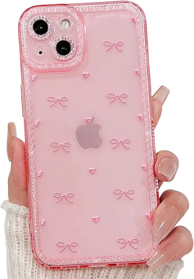 NITITOP Compatible with iPhone 15 Case Cute Clear Pink Glitter Bow Knot Design Shiny Star Sparkle Bling Diamond Girls Women Soft TPU Shockproof Protective Phone Cover - Little Bow Heart