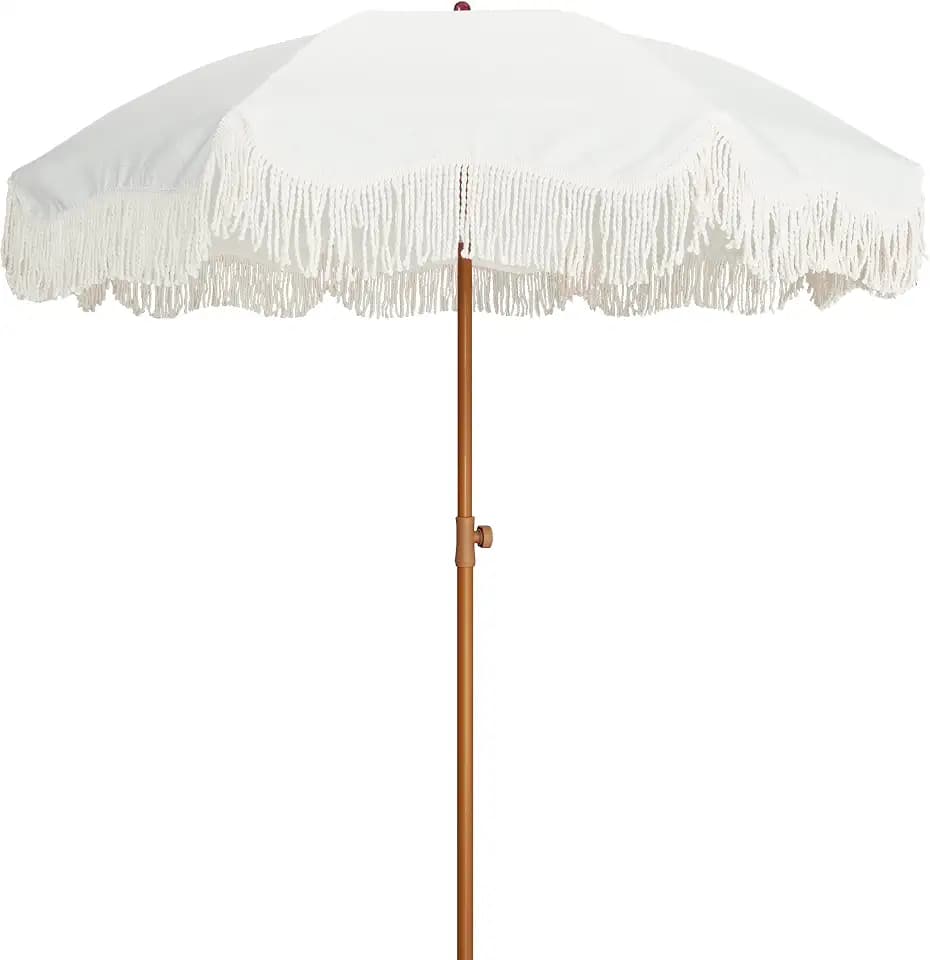 AMMSUN Boho Fringe Umbrella, 6.5ft Outdoor Umbrella with Tassel