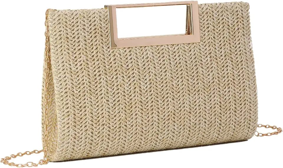 EVEOUT Stroh Clutch für Damen Stroh Abendhandtasche Sommer Gewebt Hochzeitstasche Umhängetasche für Party Urlaub