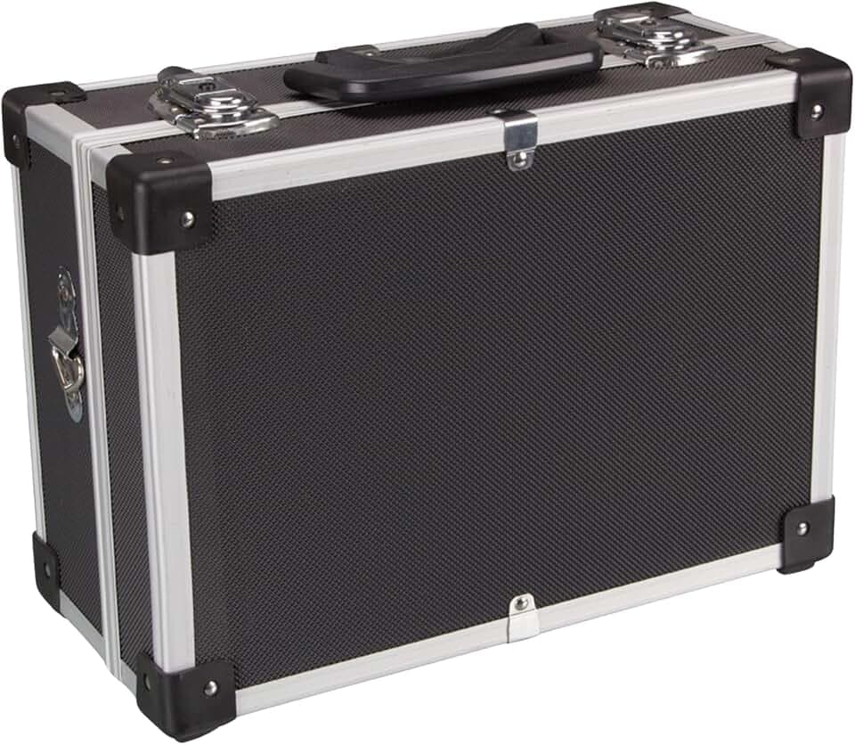 Perel Schwarzer Aluminium Werkzeugkoffer 320 x 230 x 155 mm mit Schlüsselschloss (2 Schlüssel) und Schultergurt, robuster Transportkoffer für Werkzeuge, Laptop und Kamera