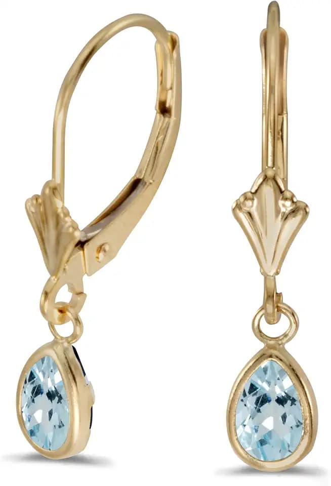 14k Yellow Gold Pear Aquamarine Bezel Lever-back Earrings