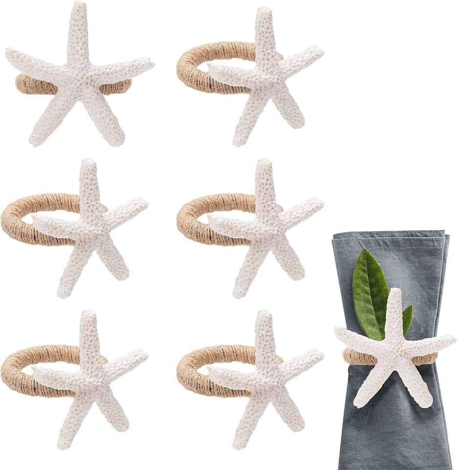 6pcs Starfish Napkin Rings, White Sea Star Nautical Napkin Ring Holders