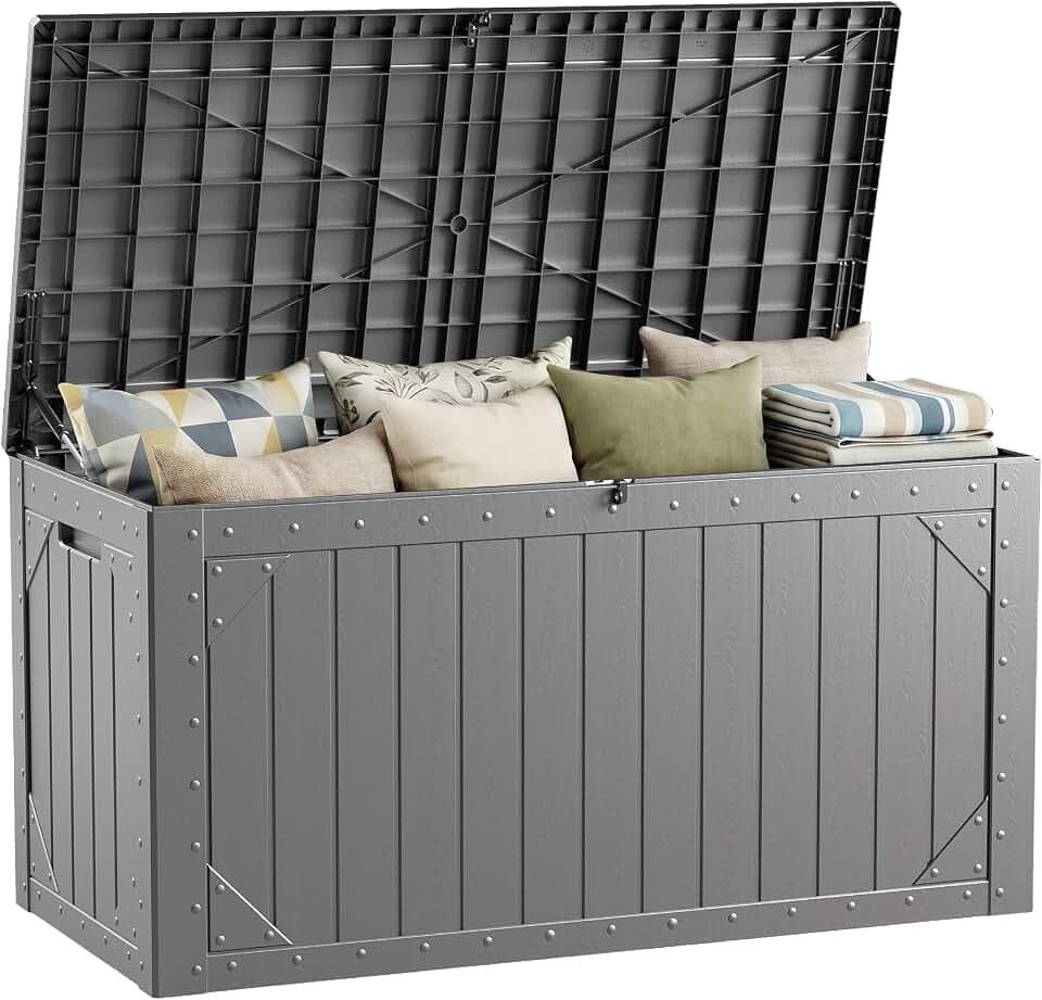 100 Gallon Outdoor Storage Box, Lockable Waterproof Resin Deck Box, Gray
