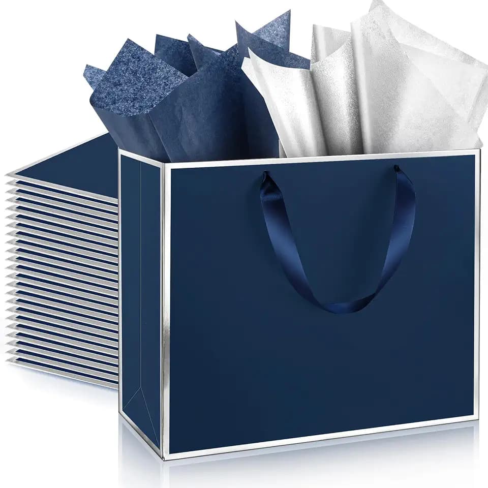 ReliThick 12 Pack Paper Gift Bag with Handles & Tissue, Navy Blue, Silver