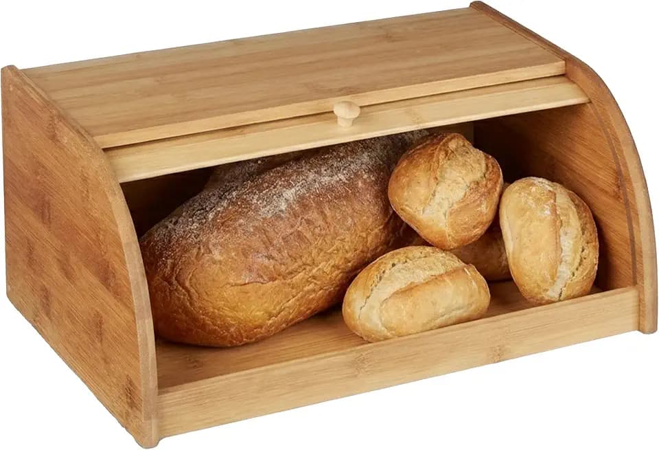 Relaxdays Brotkasten Bambus HBT: 16,5 x 40 x 27,5 cm Rollbrotkasten für aromadichte Brot Aufbewahrung Brotkiste mit Rolldeckel als Brottrommel oder Brotwächter für Brötchen und Gebäck, natur