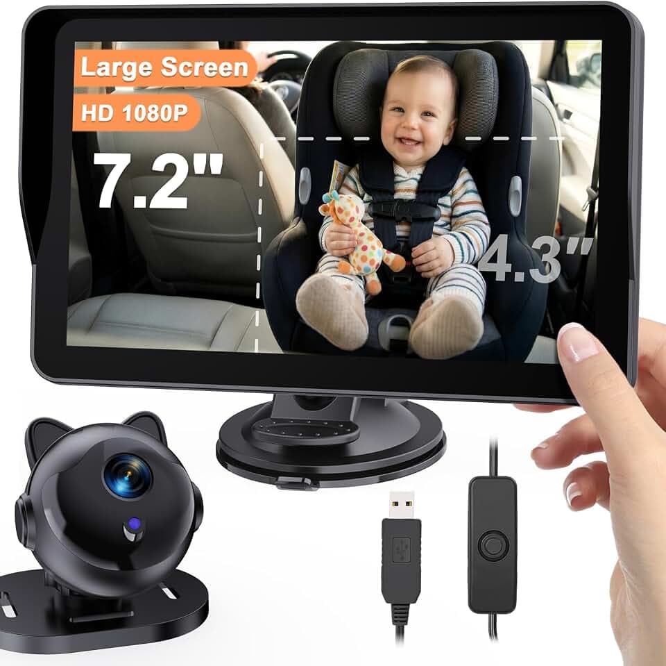 Yakry Baby Camera for Car 7.2-Inch: 3X Larger View 1080P Auto Night Vision