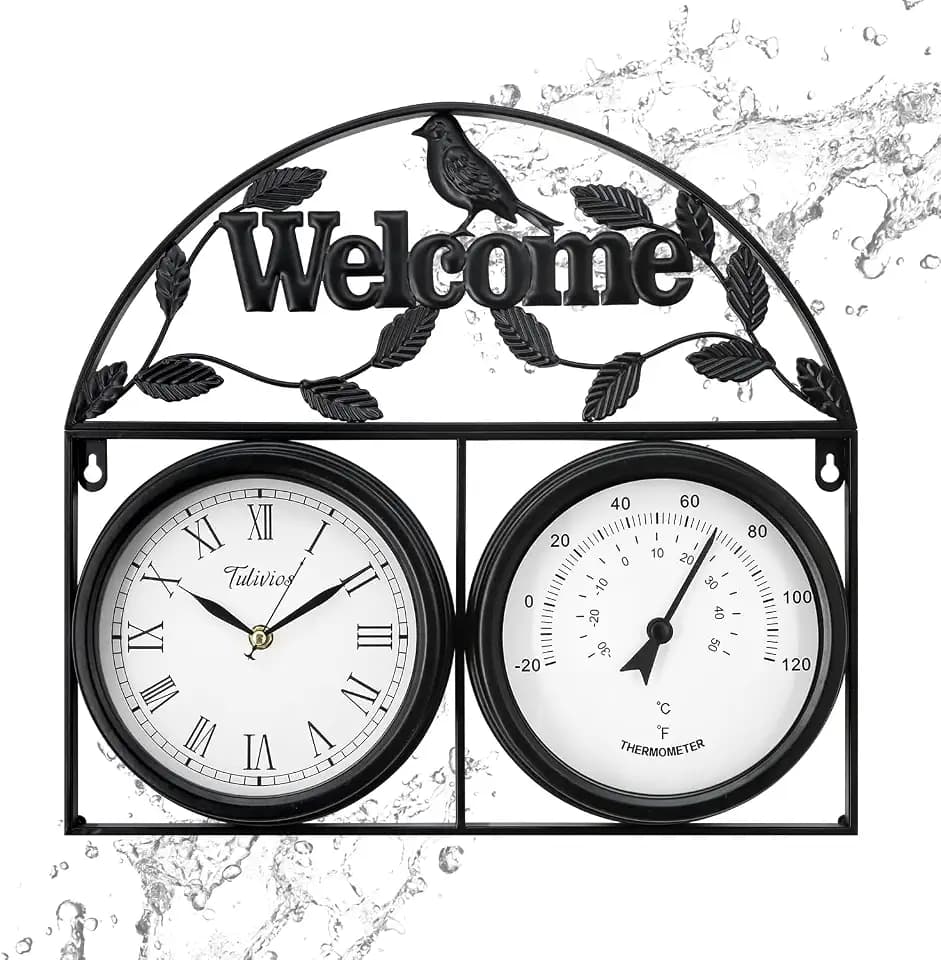 17Inch Large Outdoor Clock,Waterproof Wall Clock with Thermometer,Weatherproof Non-Ticking Quartz Battery Operated Decor Clock for Patio,Garden,Pool,Porch,House Warming Gifts