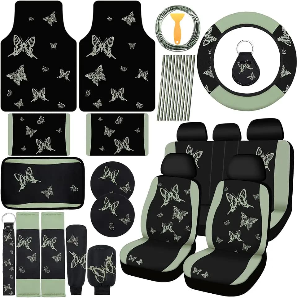 BBTO 47 Pcs Car Seat Full Set Car Accessories for Women 5 Front Rear Seat Covers Wrist Strap 2 Pieces Cup Mat Armrest Pad 2 Belt Cover Accessories for SUV(Sage Green)