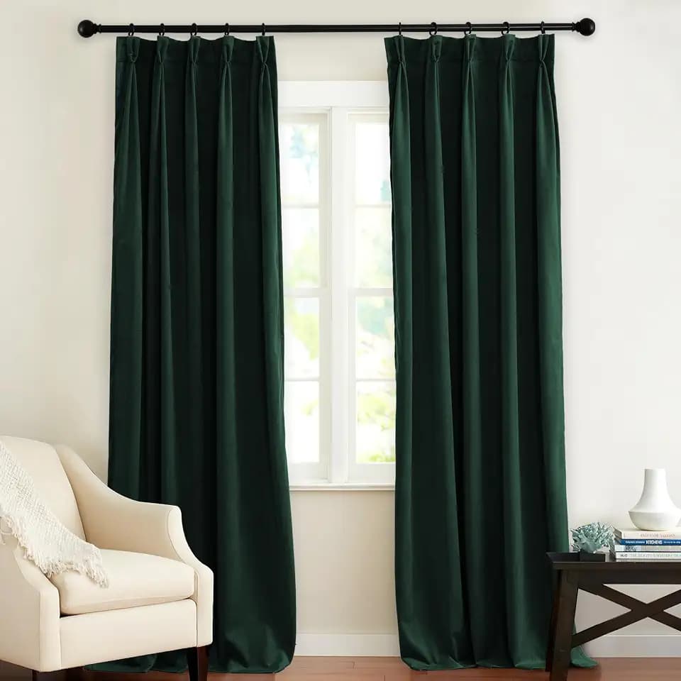 KGORGE Hunter Green Pinch Pleated Velvet Curtains 84 inches, Thermal Insulated Room Darkening Hook Rings & Back Tab Drapes for Bedroom Living Room, W 34 x L 84, 2 Panels