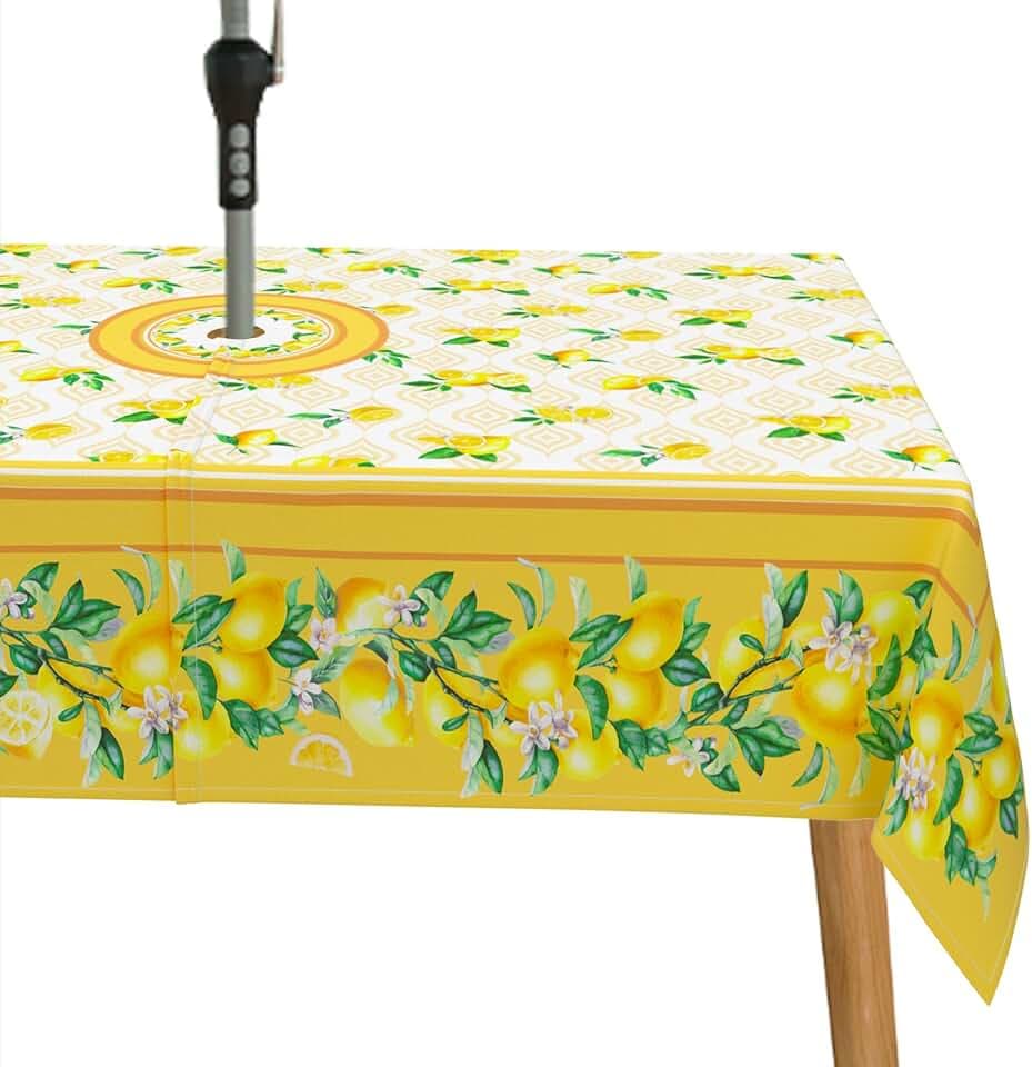 Lemon Outdoor Tablecloth with Umbrella Hole for Rectangle Table, Waterproof Yellow Lemon Patio Table Cloth with Zipper - 60 x 84 inches