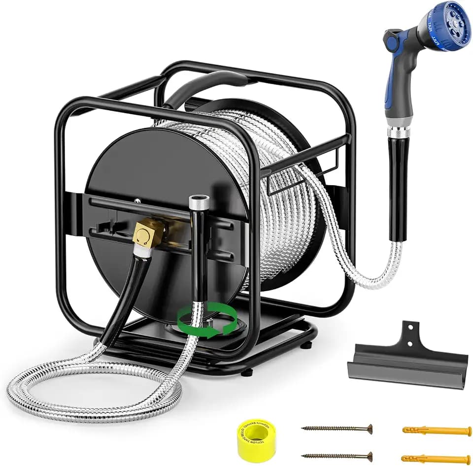 SPECILITE Garden Hose Reel With 100Ft Metal Water Pipe, 360° Rotation Frame
