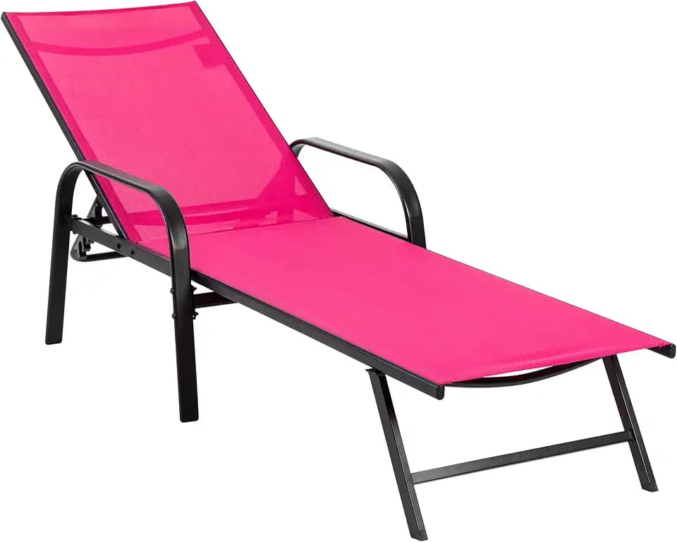 NEWBULIG Outdoor Lounge Chair for Pool,with 5-Position Recliner, 350 lbs Heavy Duty Patio Pool Chair, Outdoor Sun Chairs with Metal Frame for Backyard, Deck, Pink