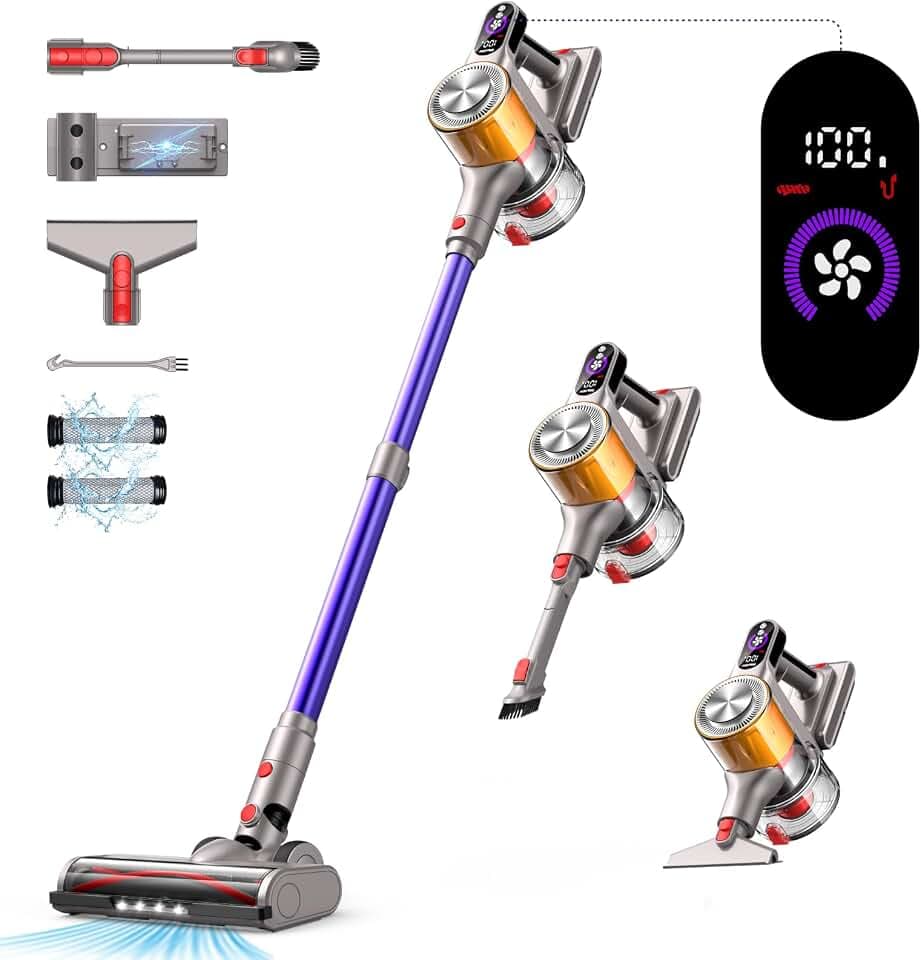 Akku Staubsauger, 45000Pa/550W Staubsauger Kabellos, 60 Min Laufzeit mit Wandmontiertes Laden, Duftkarte, 1.8L Cup, LED Display, Anti-Tangle-Bürste
