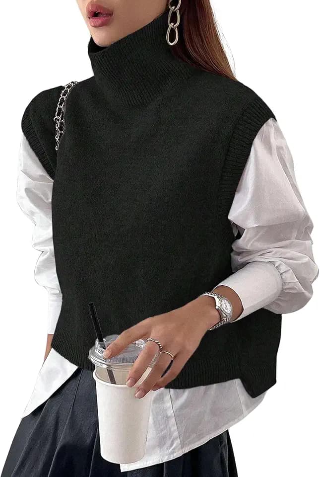 Naileksi Women Turtleneck Crop Sweater Vest Sleeveless High Neck Solid Loose Fit Knitted Causal Jumper Top Streetwear