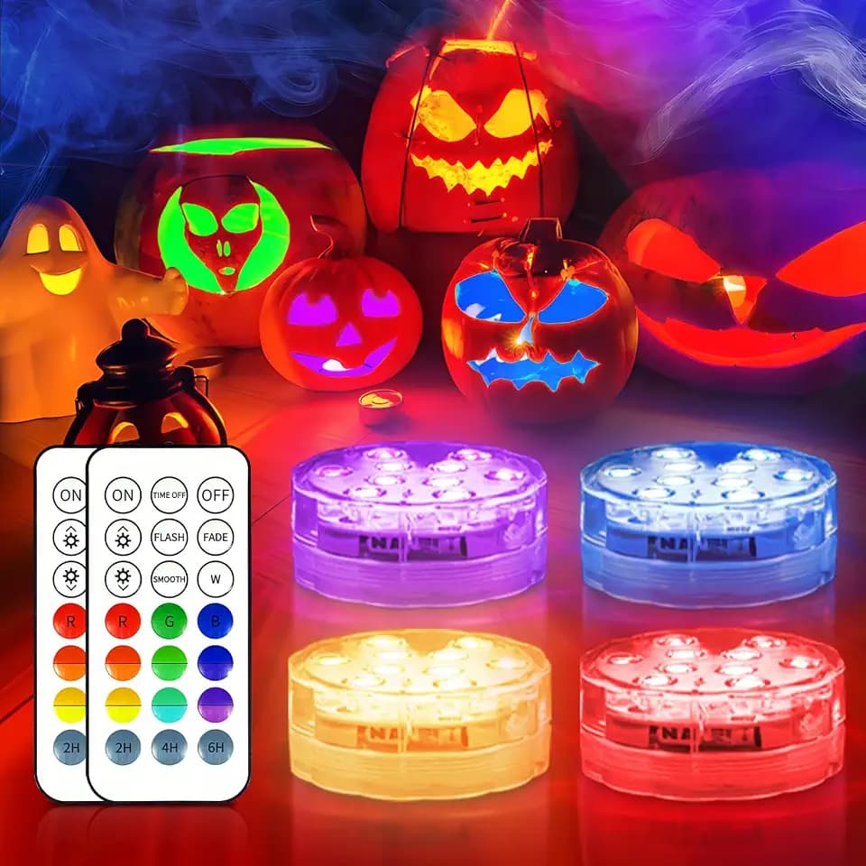 Pumpkin Lights with Remote, Battery Operated Jack O Lantern Lights for Pumpkins, Halloween Decor, Puck, Bathtub, Hot Tub, Party, 4 Pack