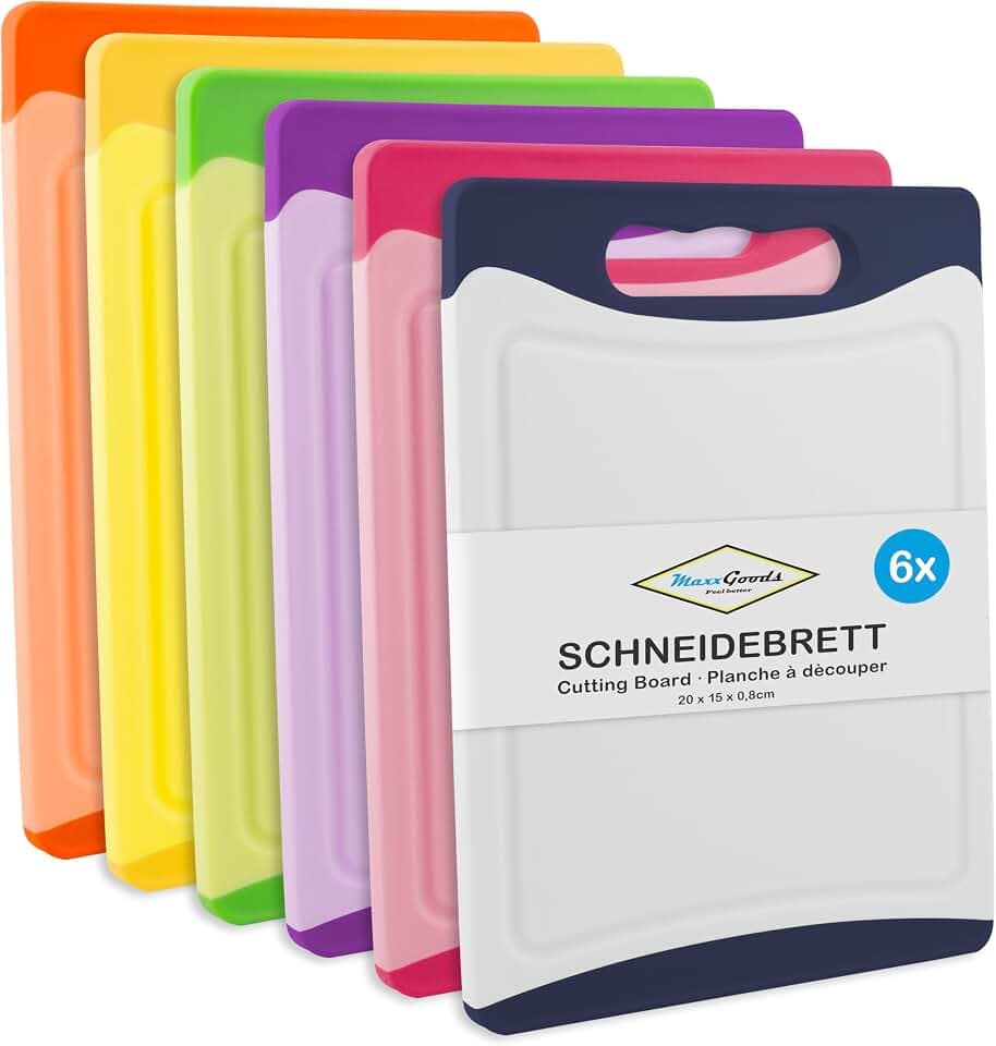 Schneidebrett SET 6-teilig bunt, mit Saftrille & Griff - Antibakteriell - Hackbrett, Kunststoffbrett beidseitig verwendbar & Spülmaschinenfest (20 x 15 x 0,8 cm)