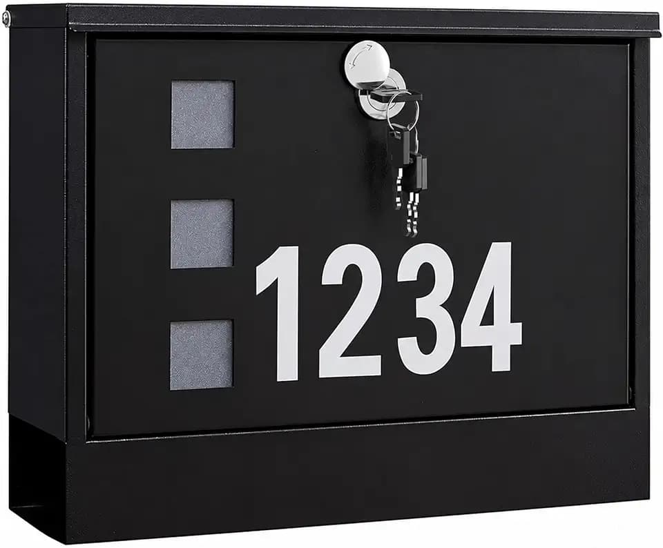 LAND·VOI Locking Mailbox Wall Mounted, Metal Postbox with Three Sets of Mail Box Number Stickers, 4 Keys, 14.4" x 4.5" x 11.2", Large Capacity, Black, AMB11B