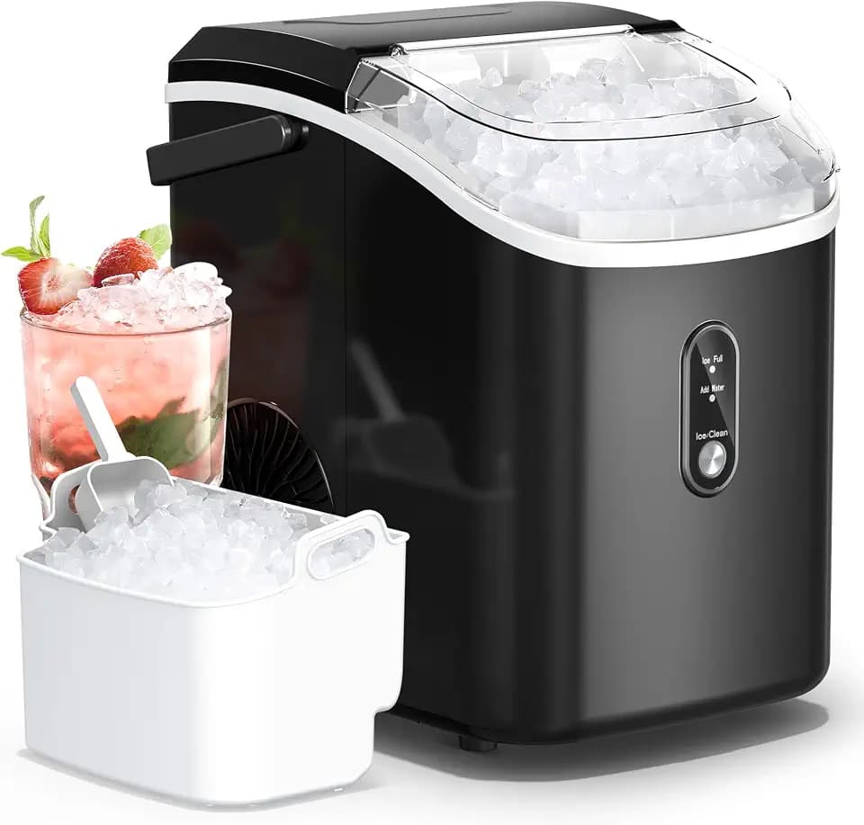 Nugget Ice Maker Countertop with Handle, Chewable Pellet Ice Maker with Self-Cleaning, 35.5Lbs/24Hrs, Ready in 6 Mins, Portable Sonic Ice Maker with Basket & Scoop for Home, Party, Camping, Black
