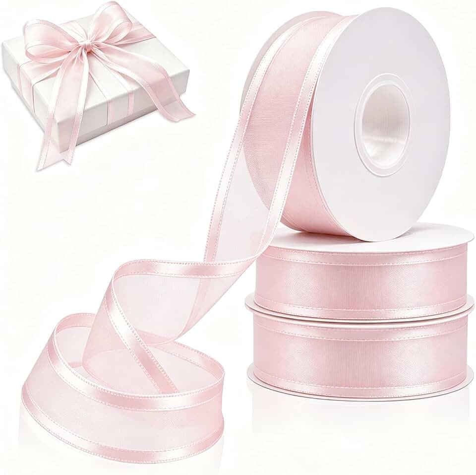 Hellrosa Organza-Geschenkband mit versäumten Kanten,Maße:54 m×25 mm
