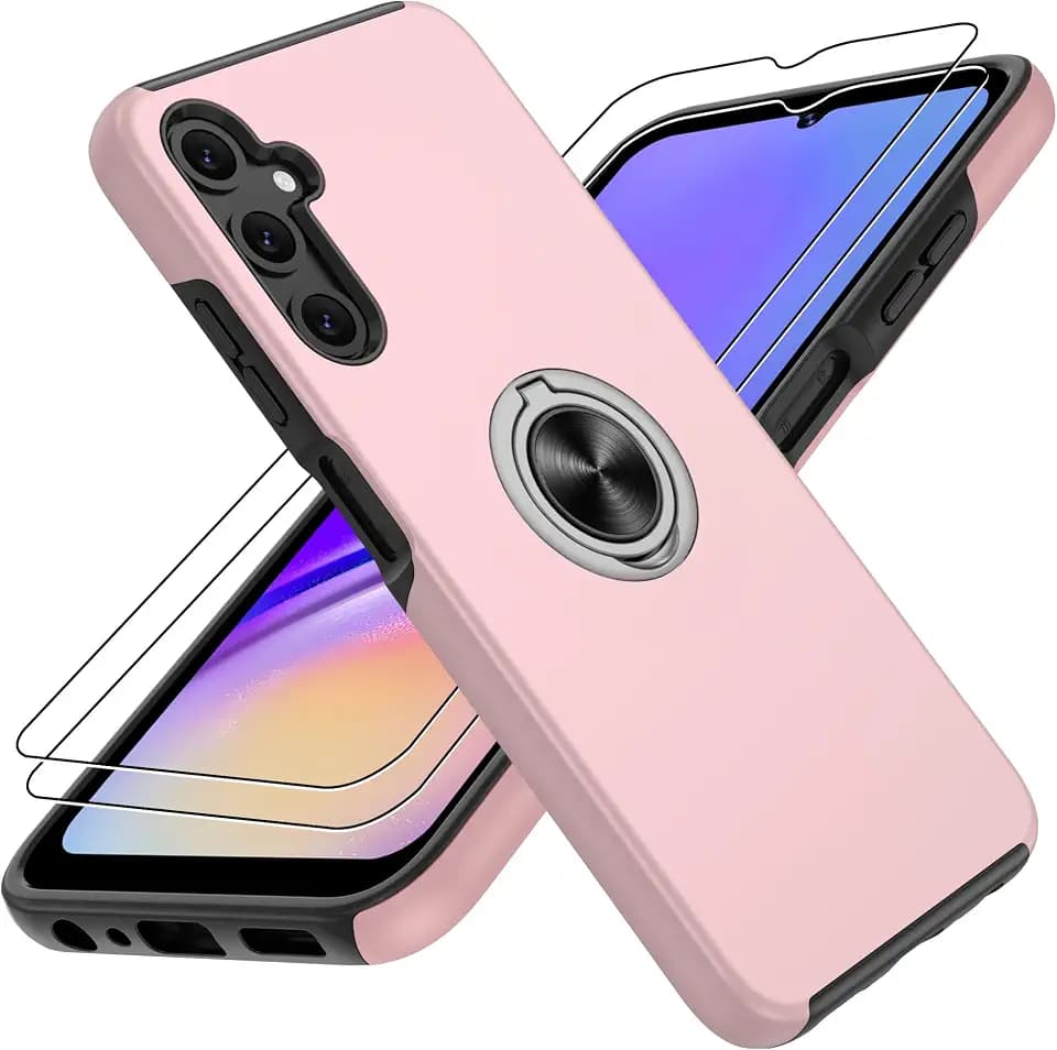 Gritup for Galaxy A05S Case with HD Screen Protector×2,Shockproof Phone Case with 360° Magnetic Ring Holder Kickstand Phone Case for Galaxy A05S,Pink