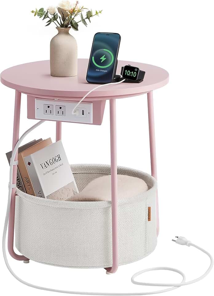 VASAGLE Side Table with Charging Station,Fabric Basket, Round End Table