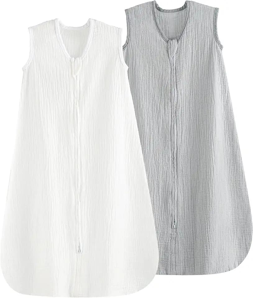 PHF Soft Muslin Cotton Baby Sleep Sack 18-24 Months, 2 Pack 100% Cotton Sleeping Sack for Summer, 0.5 TOG Baby Wearable Blankets with 2-Way Zipper, Sleep Sacks for Boys Girls Newborn, White & Grey