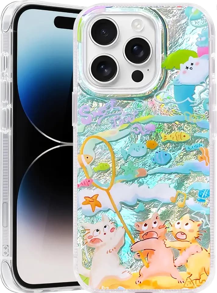 Compatible with iPhone 16 Pro Max Case,with [Soft Slim][Camera Protection] Cute Fishing Cats Shiny Aesthetic Phone Cover Anti-Yellowing Shockproof Protective Cover for Women Girl