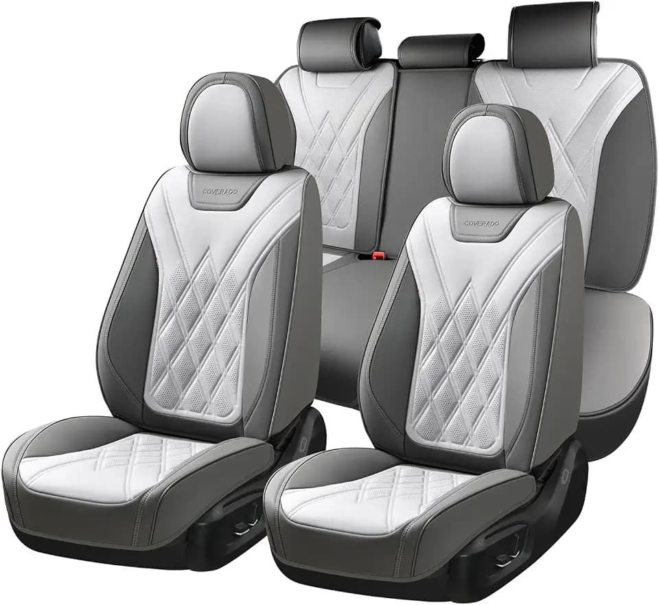 Coverado Car Seat Covers Full Set, Seat Covers for Cars, Front Seat Covers and Back Seat Cover Waterproof Leather Automotive Seat Cover, Universal Car Interior Protectors for Most Cars Light_Gray