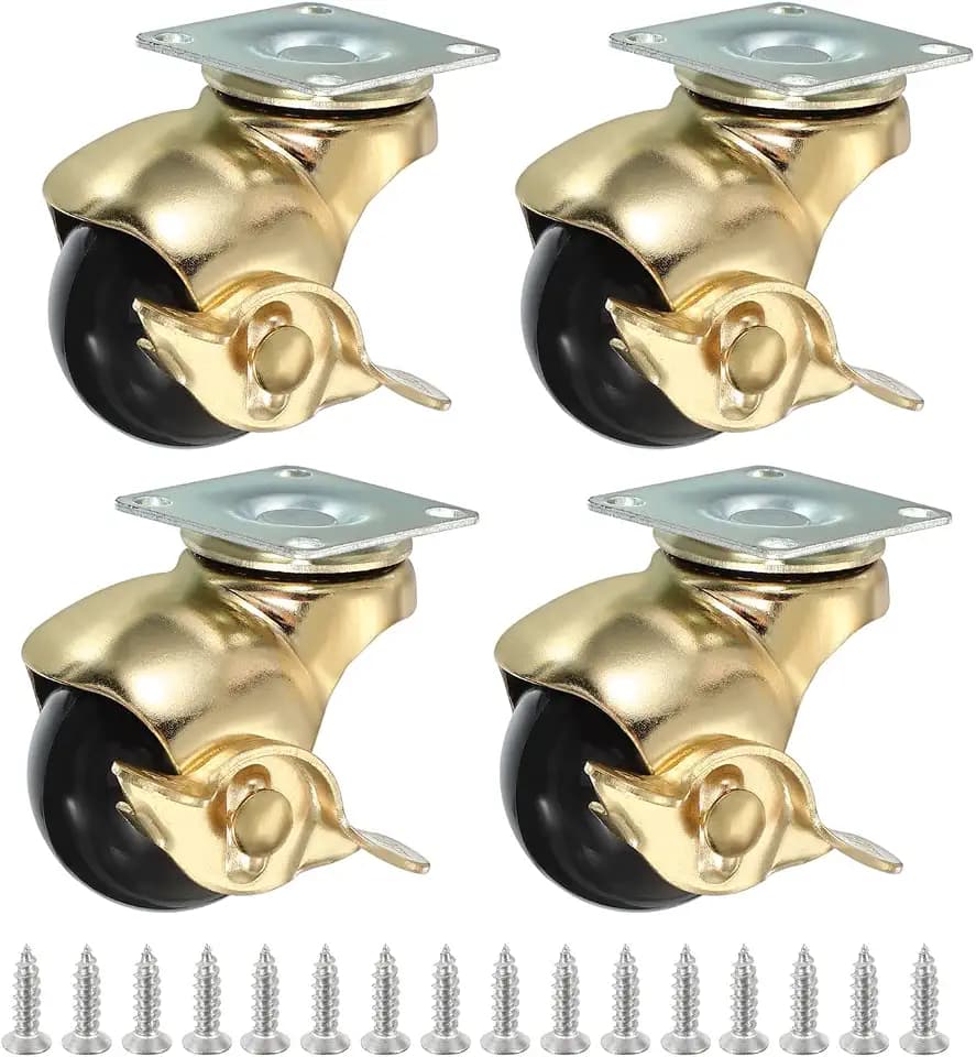 PATIKIL 1.5 Zoll Ballrollen Mit Bremse 4 Stück 360° Drehende Drehtellerrollen 298 lbs Gesamttragfähigkeit Verriegelbare Rollen Mit M4 Schrauben Für Möbel Tisch Schrank Gold