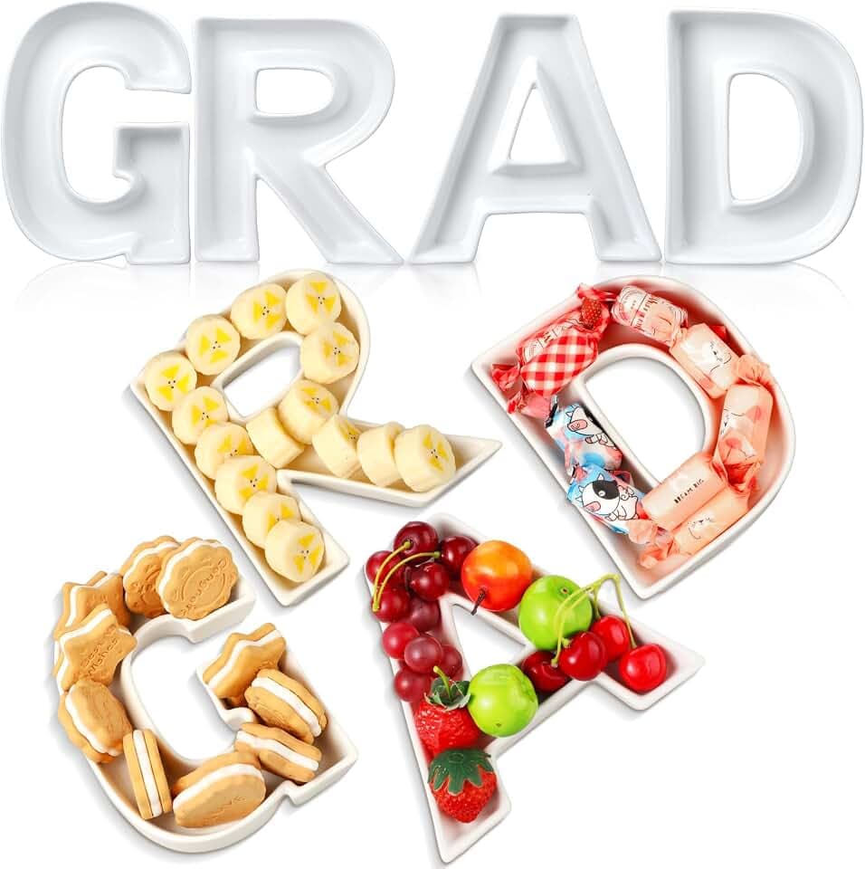 SiliFine 4 Pcs Grad Letter Charcuterie Boards 2026 Graduation Ceramics Letters Fillable Box 5.7'' Small White Reusable Alphabet Food Serving Tray Platter for Candy Graduate Gift Graduation Party Decor