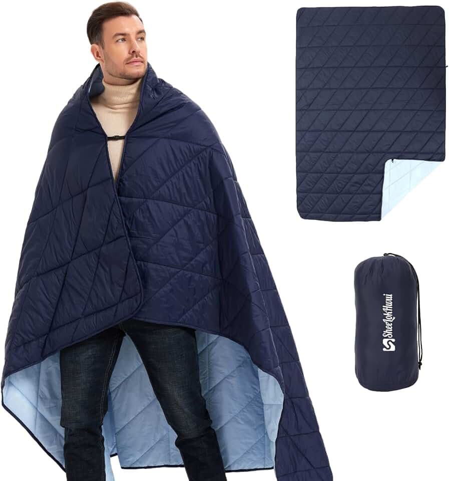 Outdoor Puffy Blanket, Reversible Warm Camping Blanket, Water-Resistant, Packable, Lightweight, Camping Quilt, for Stadium, Backpacking, Hammock, Picnic. 79"x55". Royal Blue