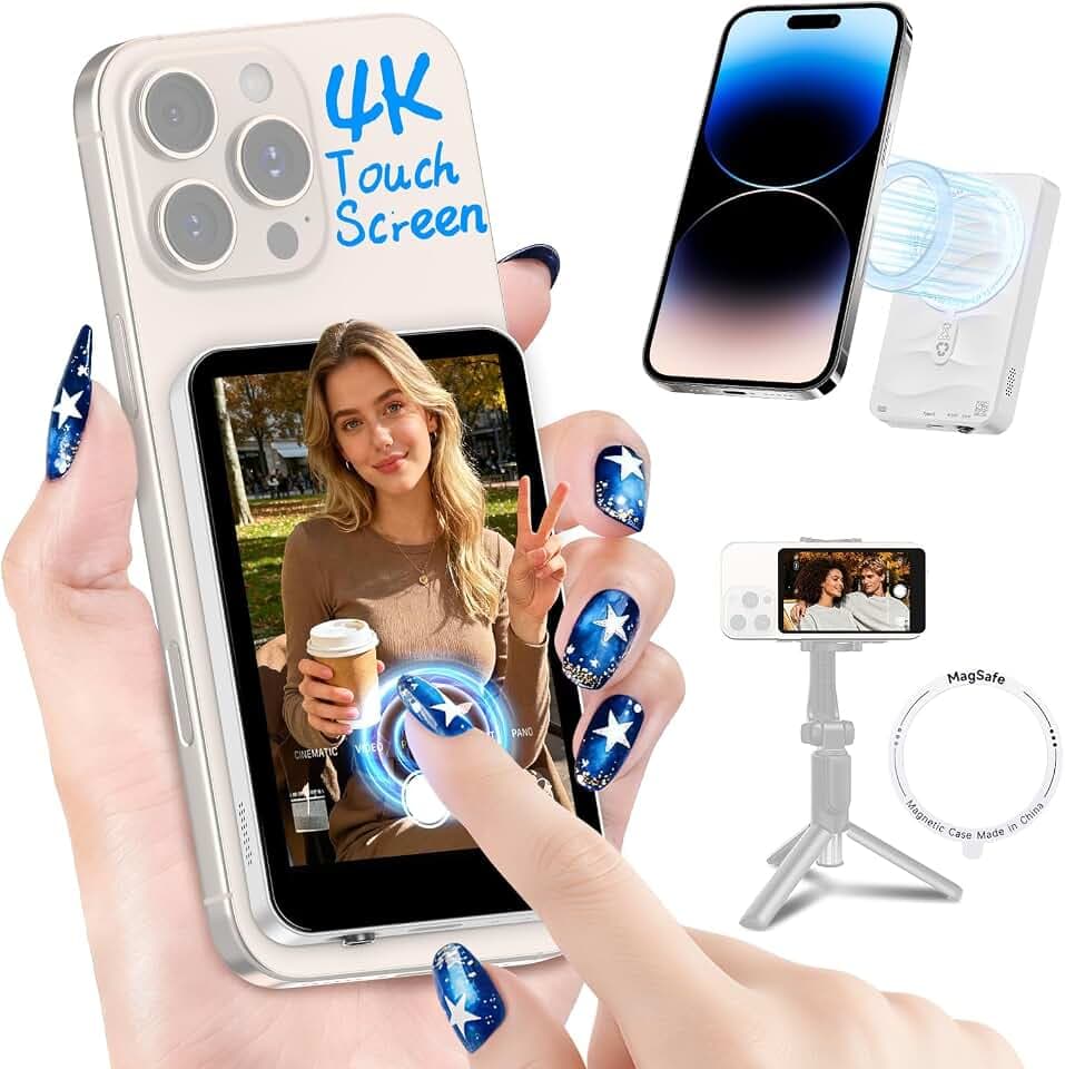 Moman Touchscreen Vlog Selfie Monitor Screen for iPhone, 4K 60fps & Encrypted Private P2P Wireless, Magnetic Back Camera Monitor, 164ft Range for TikTok, YouTube, Vlog Photo & Video Kits, Pearl White