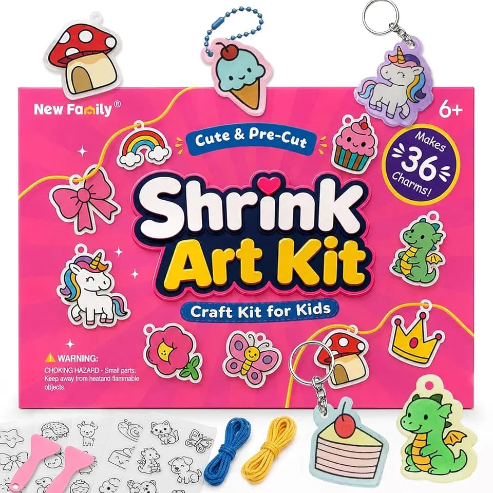 NewFamily Pre-Cut Shrink Art Kit for Kids, 36 Original Shrink Plastic Designs with Charm Accessories, No-Mess DIY Jewelry Making Craft Set for Girls and Boys