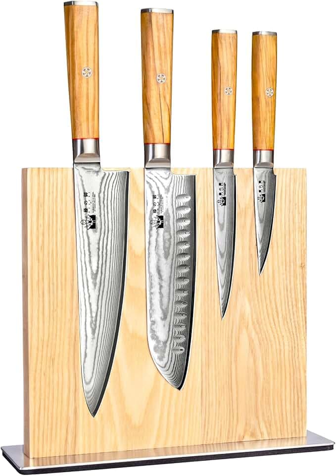 Damastmesser Set mit Block, 5-Teilig Messerset Damast Mit Extrem Scharf Klinge Aus 67 Lagen VG-10 Damaststahl Messer, Olivenholzgriff, Geschenkbox