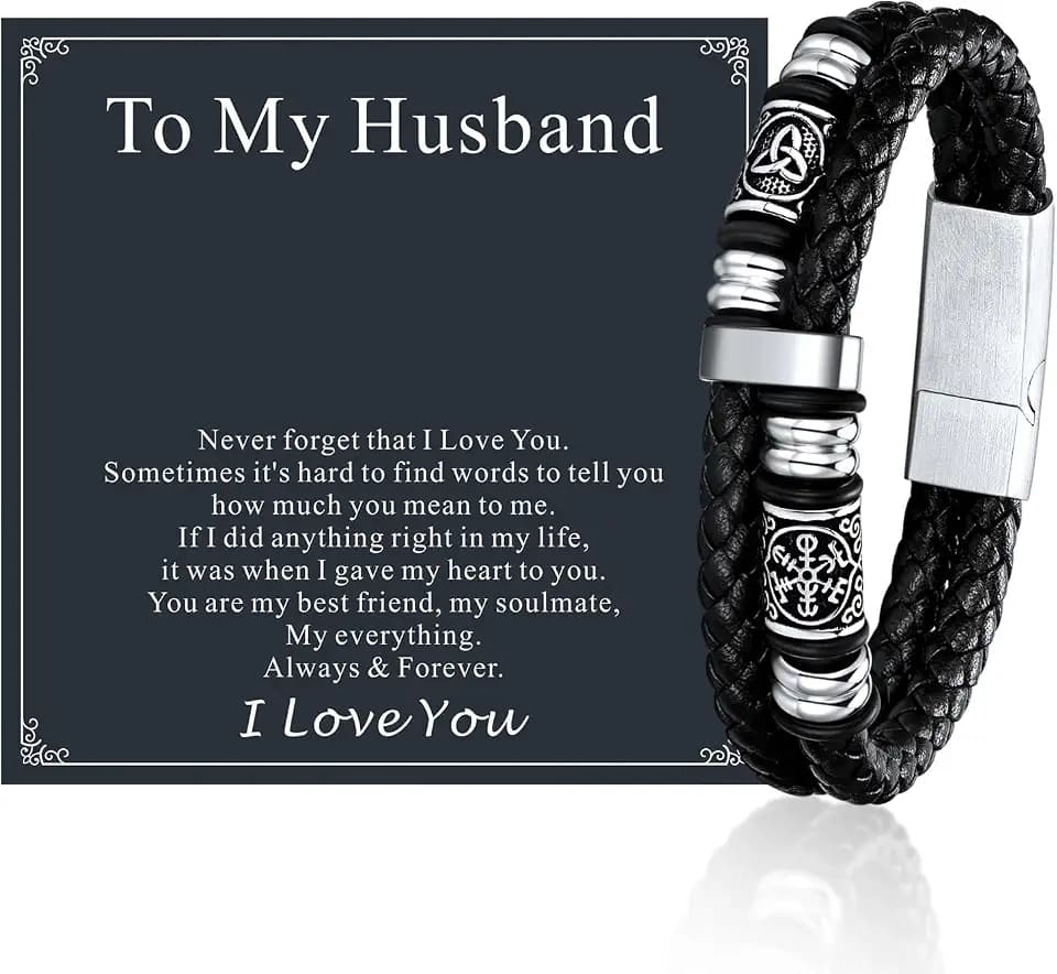 FaithHeart Viking Bracelet for Men, Mens Double-Row Braided Leather Bracelets with Stainless Steel Clasp Viking Compass Bangle Wristband Vintage Norse Mythology Jewelry Gifts for Men with Box