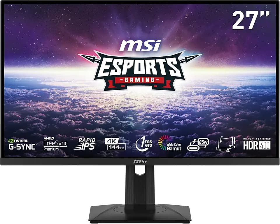 msi MAG274UPF, 27" 3840 x 2160 (UHD), 4K Rapid IPSGaming Monitor, 1 ms, 144Hz, FreeSync Premium, HDR400, G-Sync Compatible, HDMI, DisplayPort, Tilt, Swivel, Pivot and Height Adjustable.,Black