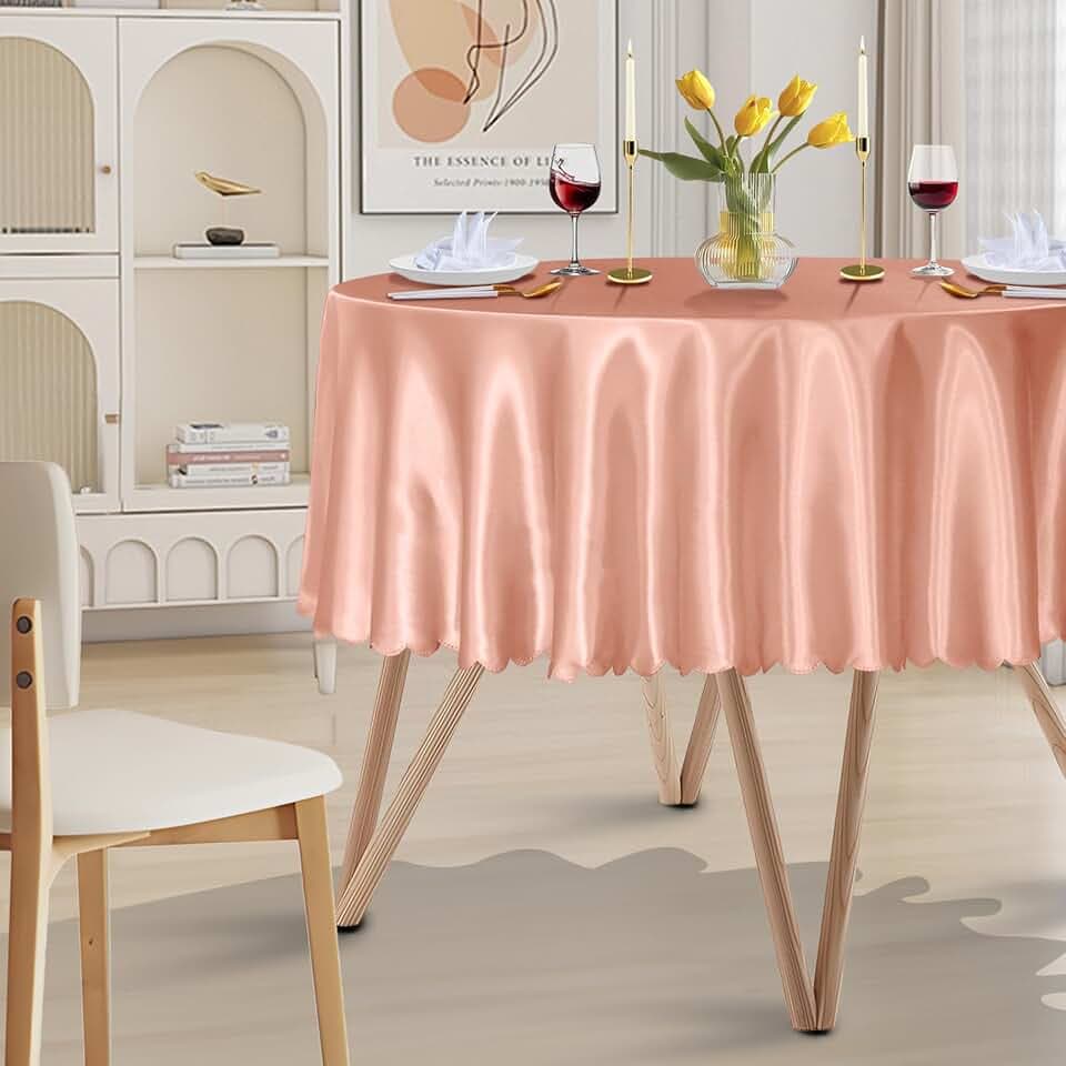 1 Pack 60 Inch Round Satin Tablecloth Rose Gold Satin Table Cover, Overlay Silky Tablecloth Dining Table Cloths for Wedding, Party, Banquet, Events, Reception, Dinner