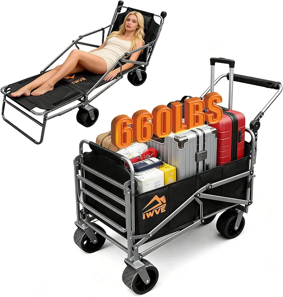 Collapsible Wagon Cart with Wheels,Foldable Utility Beach Wagon 660 lb Capacity, 3-in-1,Heavy Duty,Adjustable Handle,All-Terrain Wheels for Camping, Grocery, Outdoor Use