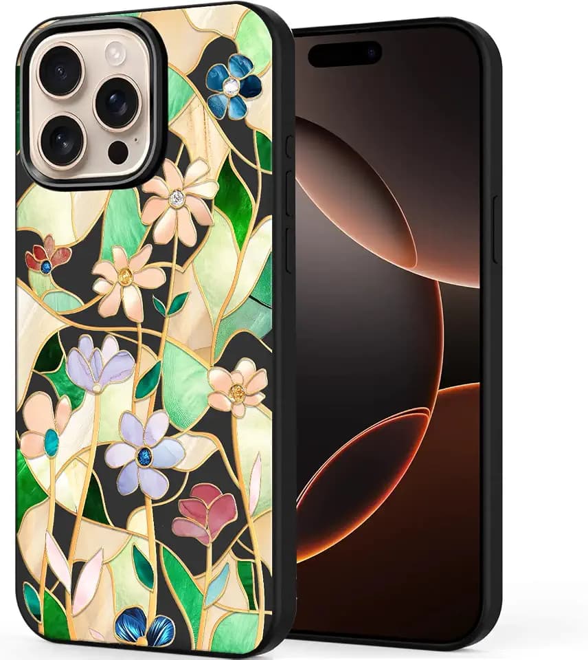 Unov Case Designed for iPhone 16 Pro, Black Phone Case with [Anti-Slip Embossed Pattern], Shockproof Slim Protective [Anti-Scratch TPU] Back Cover, Stained Glass Flower