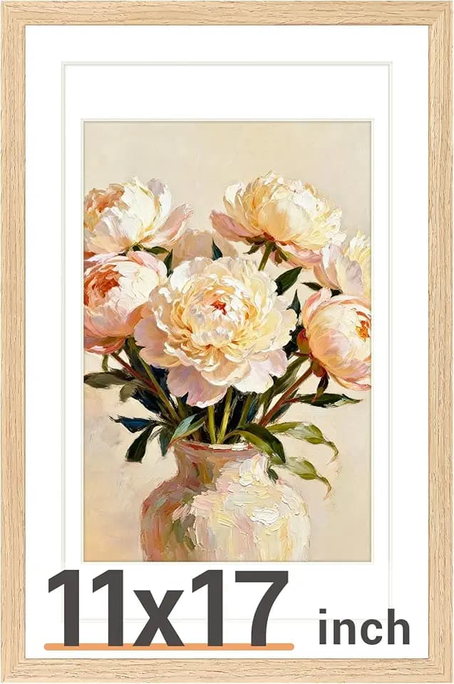 Vittanly Solid Wood 11x17 Picture Frame with Double Mat, Natural, 1 Pack